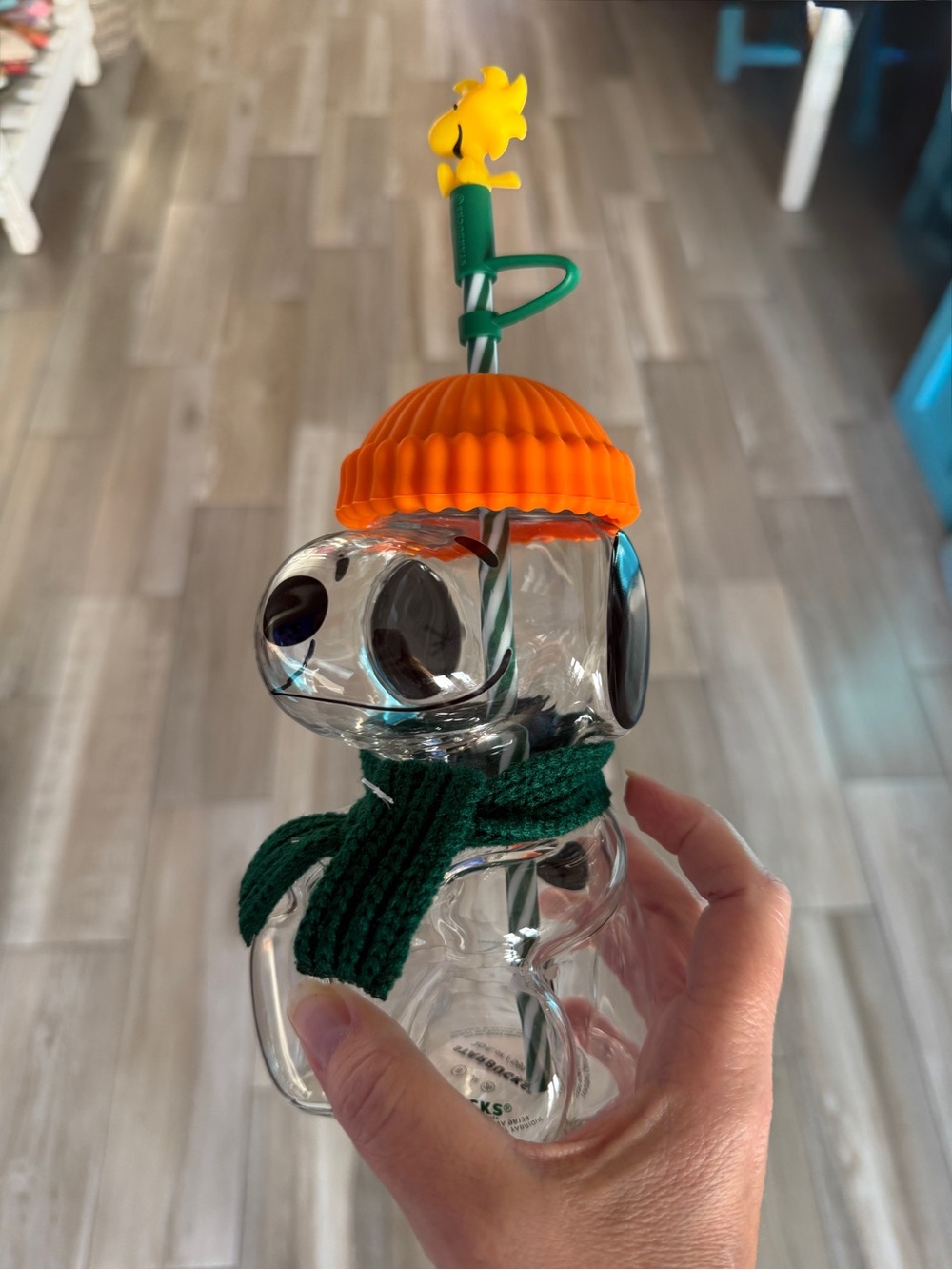 Starbucks Clear Snoopy Glass Mug with Orange Hat and Green Scarf
